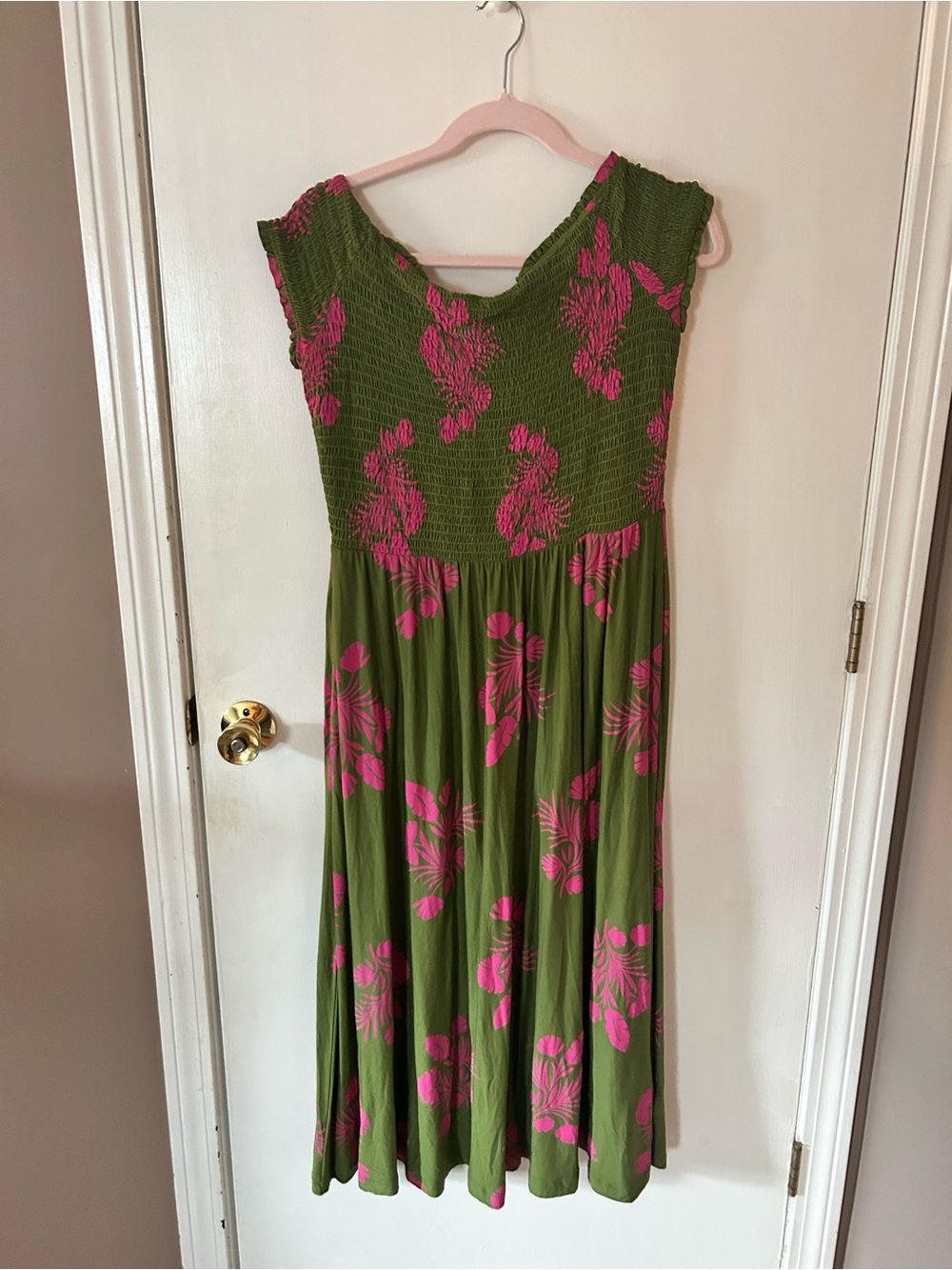 Boden Olive Green Midi Dress with Pink Floral Print